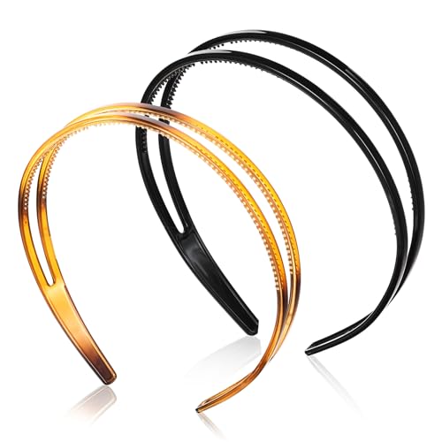 2 Stück Hartplastik Stirnband Haarreif Zweireihig Stirnbänder mit Zähnen Anti-Rutsch Haarreifen Dünn Haarband Zubehör Kopfbedeckung für Frauen Mädchen Tägliches (Schildpatt Schwarz)