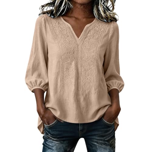 Boho Tops for Women Dressy 3/4 Sleeve Shirts Casual Loose V-Neck Low Hem Linen Embroidered Blouse Boho Blouses for Women Khaki S - image 2