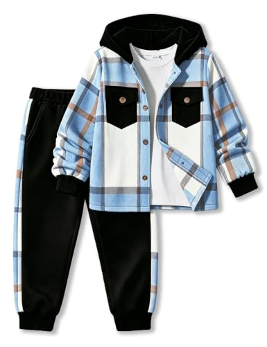 Image of Toddler Boy Clothes Plaid Hooded Shirt White T-shirt Top and Solid Color Pants 3Pcs Winter Boys Clothes