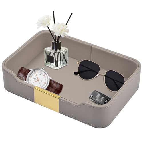 Lujosa Bandeja de Piel para Escritorio,Plateau de Rangement Cuir,Organizador Decorativo,Bandeja,Joyas,Relojes,cosméticos,Llaves,teléfono,Cartera,Gris
