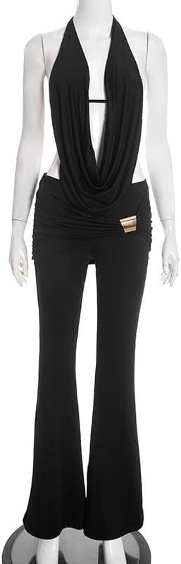Womens 2 Piece Outfit Halter Neck Sleeveless Top and Flare Long Pant Sexy Backless Y2K Set Party Club Outfits - Image 6