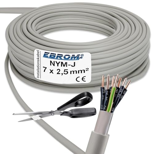 EBROM NYM-J 7x2,5 mm² - Mantelleitung - Installationskabel - Feuchtraumkabel - grau - Auswahl in 1 Meter Schritten - Meterware auf den Meter genau - Ihre Auswahl: NYM-J 7x2,5 mm2, Länge: 5 Meter