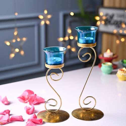 Image of Market99 Glossy Golden Metal T-Light Holder Set of 2 with Leaf Pattern & Blue Glass Votives | Stylish Decorative Tealight Candle Stand for Home Decor, Office, Living Room & Festive Season Celebrations