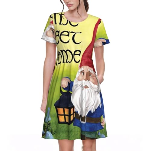 Robe d'été ample col rond anti-chaleur à poches motif nains colorés