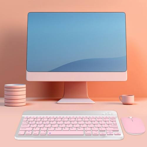Image of Rechargeable Bluetooth Keyboard and Mouse Combo, Universal Ultra-Slim Wireless Keyboard Mouse Set for Android Windows iPad iPhone Samsung Tablet Portable Compact Keyboard Set (Pink)