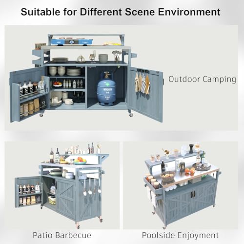 Image of Merax Portable Outdoor Table with Stainless Steel Top for Kitchen Prep, Outdoor Storage Cabinet for Grilling Accessories, Grey Blue