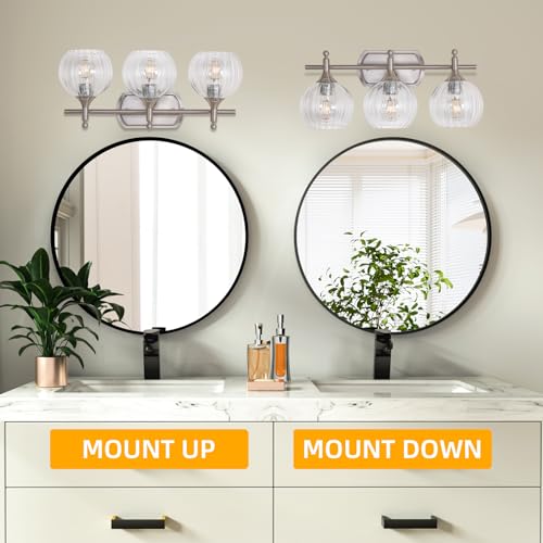 Image of Bathroom Vanity Light Brushed Nickel Bathroom Light Fixtures with Clear Glass Shade Hardwired E26 Base(Max 60W) Chrome Modern 3-Light Vanity Lights