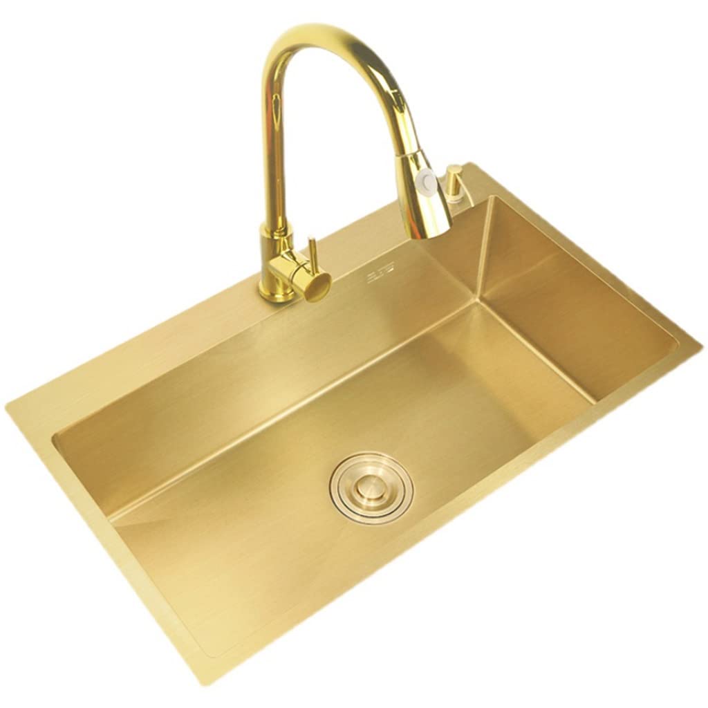 Lavello per Camper, Vasca Singola, in Acciaio Inox 304, lavello da Bar, Montaggio sopra o sottopiano, con Rubinetto Estraibile e cestello di Scarico (Oro 68 x 45 x 21 cm)