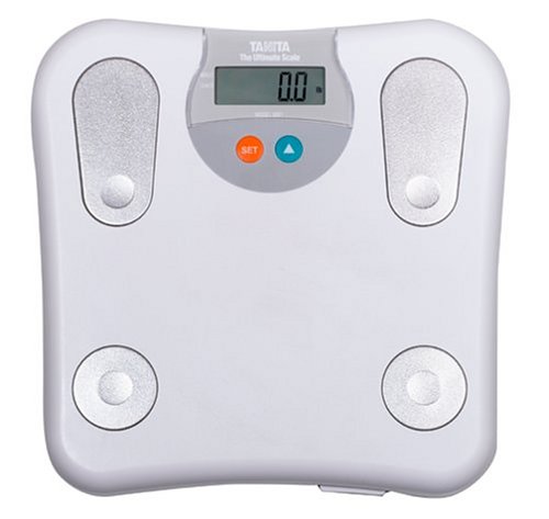 Tanita 2001W-B Ultimate Body Fat Bathroom Scale, white, showing the display and foot electrodes.
