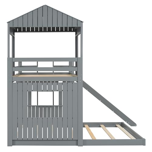 Image of Bellemave Bunk beds Twin Over Full with Slide,Ladders,House roof Design, Low bunk /loft Bed for Kids, Gray