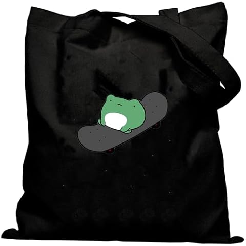 KEEVICI Cute Mushroom Frog Canvas Tote Bag For Women Cottagecore Aesthetic Graphic Reusable Grocery Shopping Shoulder Bag(Black) Cover