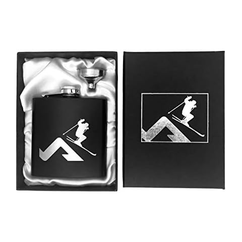 Ski Hip Flask - Matt Black With Silver Skier on Flask And Gift Box Cover