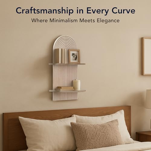 Image of American Art Decor Carved Lunar Ledges 2-Tier Modern Display Arched Wall Shelf Storage for Bedroom Bathroom Kitchen Living Room - Natural Beige - 23.75 inch x 14 inch x 8.25 inch