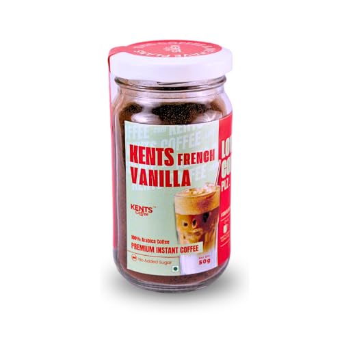 Image of Kents Coffee French Vanilla Instant Coffee | 100% Arabica | LOW ACIDIC COFFEE | Serve HOT & COLD | Smooth & Aromatic Vanilla Flavoured Instant Coffee Powder | Crafted with Natural Vanilla Beans | Chikmagalur | Medium Roast | No SUGAR | No Artifical Flavour ( 50 g Jar)