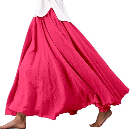 maxi rock damen, Röcke Damen Leinen Maxirock Baumwolle Tellerrock Doppelt Schicht Elastischer Bund Boho Faltenrock Einfarbig Freizeitrock Sommerrock...