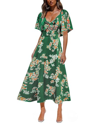 Image of Fashionme Womens Dresses 2026 Maxi Dresses Deep V Neck Elegant Bow Tie Front Cap Sleeve Summer Floral Satin Smocked Dress
