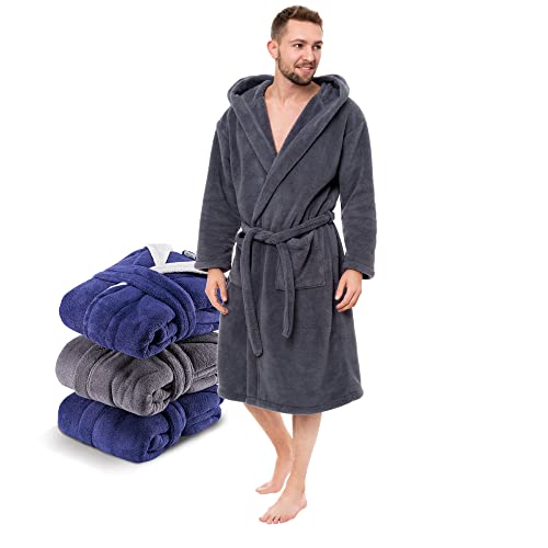 Twinzen Long Bathrobe for Men, Microfibre with Hood for Adults (Small, Dark Blue) OEKO TEX Certified Garment - Dressing Gown with 2 pockets, Belt, and Hanging Loop