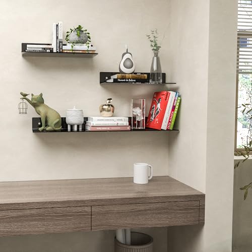 Image of 15 Inches Black Acrylic Wall Shelves 4 Pack, Perspex Wall Mounted Shelves for Home Decor, Space Saver