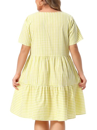 Image of Agnes Orinda Plus Size Gingham Dresses 1950s Vintage Plaid Round Neck Short Sleeve Tiered Midi Summer Dress