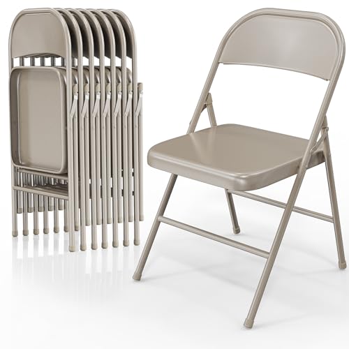 VINGLI Folding Chairs All Steel Metal Frame Capacity 350 lbs Durable Portable and Versatile for Indoor Outdoor Use Khaki Set of 8