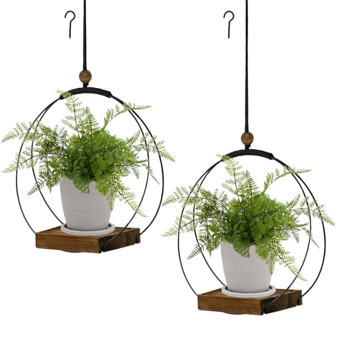 Hanging Planter for Indoor Plants,Plant Hanger with Sturdy Wood Base & Pot, Modern Boho Macrame Plant Hanger,Wall Ceiling Window Stands(2 Pack+Pots)