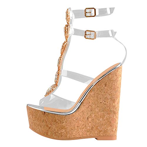 Yolkomo Women's Wedge Heels Rhinestone Clear Peep Toe Ankle Strap Sandals