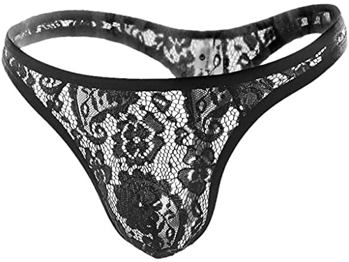 Bommi Fairy Herren Strings Tangas Unterwäsche Sexy Slips G-String Spitzenmuster Männer Unterhose Slips Briefs Pants Transparente Ultradünne(Schwarz-XXL)