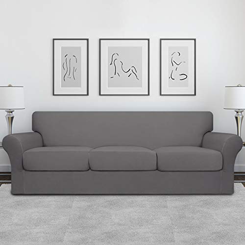 Image of Easy-Going 4 Pieces Oversized Stretch Couch Cover for Dogs Washable | Sectional Sofa Slipcover for 3 Separate Cushion Couch - Elastic Furniture Protector for Pets, Kids Light Gray