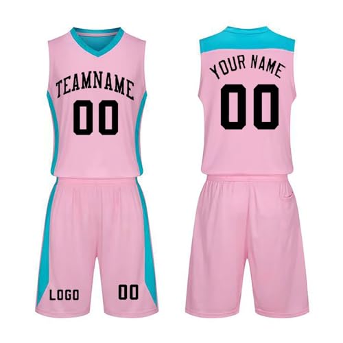 Camiseta de Baloncesto Personalizada Hombre y Niño 2 Piezas, Trajes de Baloncesto para Adultos y Niños con tu Nombre Número Equipo Logo Rosa