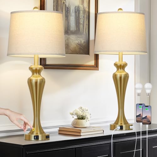 Ruzectt 30" Table Lamps Set of 2, 3-Way Dimmable Touch Bedside Lamp with USB A+C Ports and AC Outlet, Tall Living Room Lamps for Side Table, Modern Bedroom Lamp for Nightstand, Gold