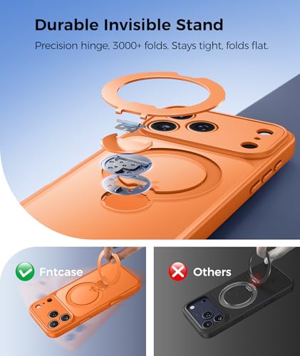 Image of FNTCASE for iPhone 17 Pro Case: [360 Spin Magnetic Stand] [Compatible with Magsafe] [Screen Protector] Translucent Matte Military Grade Shockproof Full Camera Protective Phone Cover - Orange