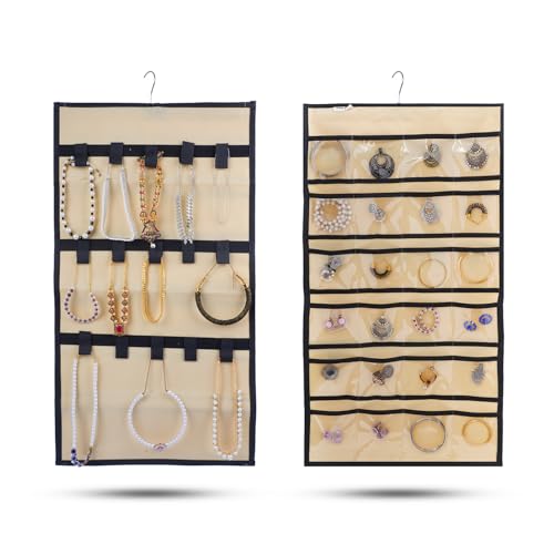 Rushly Hanging Jewelry Organizer, Double-Sided Storage with 24 Clear Pockets & 15 Hook Loops, 360° Rotating Hanger, Foldable Closet Jewelry Holder for Necklaces, Bracelets, Rings, Earrings, Beige