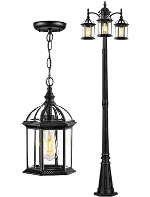 VIANIS Large Outdoor Pendant Light Fixture & Black Dusk to Dawn Outdoor Post Lighting with 3-Head