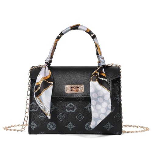 Bolsa tiracolo pequena, carteira com alça superior, estampa retrô, bolsa de ombro nas axilas, alça de ombro removível com trava magnética, Preto, Small, Preto