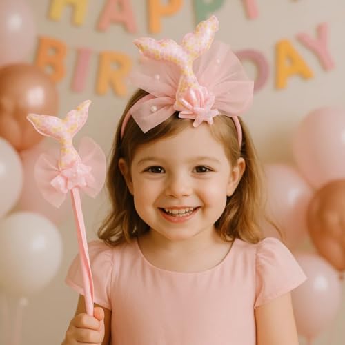 Image of Wanna Party Iridiscent Mermaid Wand and Headband, Girls Princess Mermaid Dress up Accessories for Girls Ariel Crown Headband & Wand for Kids Dress up,Halloween Christmas Party Favors for Kids