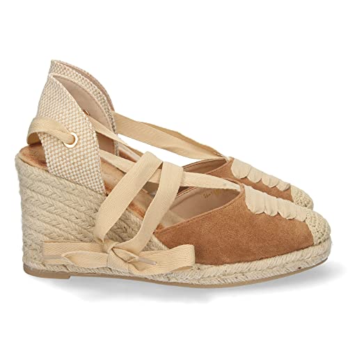 shoes&blues.es 66038-Sandalia de Cuna para Mujer, Forrado de Yute, con Pala Cerrada, y Cierre de Cordones, Primavera Verano 2022. Talla 36 Camel