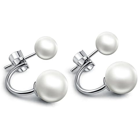 Infinite U 925 Sterling Silver Double 9mm Pearl Ball Women Studs Earrings Multiple Wearing Style Cover