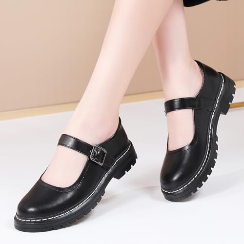 Image of Mary Jane Shoes Women Platform Non-Slip Casual Dress Shoes | Round Toe Ankle Strap Comfort Classics Oxford Work Mary Jane Flat Shoes