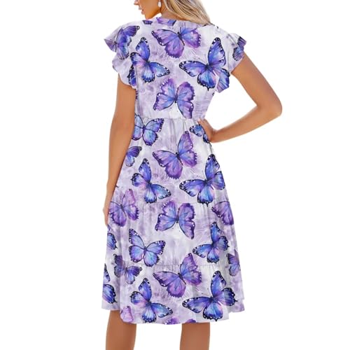 Image of Women's Casual Ruffle Sleeve Dress V Neck Pullover Dress Flowy A-Line Pleated Lightweight Dress with Pockets
