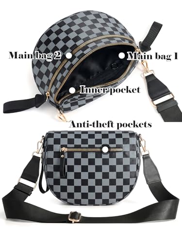 Image of Black and White Checkered Crossbody Bag Bum Bag for Women,Spacious Checkered Purse Fanny Packs Belt Bag