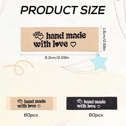 120stk Personalisierte Nähetiketten, Stoff Handgefertigte Anhänger Rechteckig mit Liebe Hergestellte Nähetiketten Geprägte Anhänger zum Nähen von Hüten Geldbörsen Kleidung (Hundepfote)