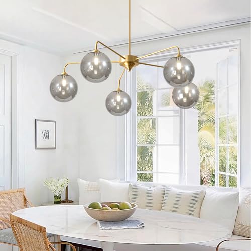 Image of 5-Light Gold Sputnik Chandelier, Mid Century Modern, Smoke Gray Glass Shade, Kitchen, Dining, Bedroom, 38.6 inch L x 30.7 inch H