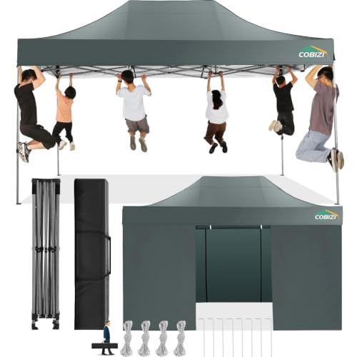 Image of COBIZI 10x15 Pop Up Canopy Tent,Heavy Duty Canopy(Gray with 4 Sidewalls)
