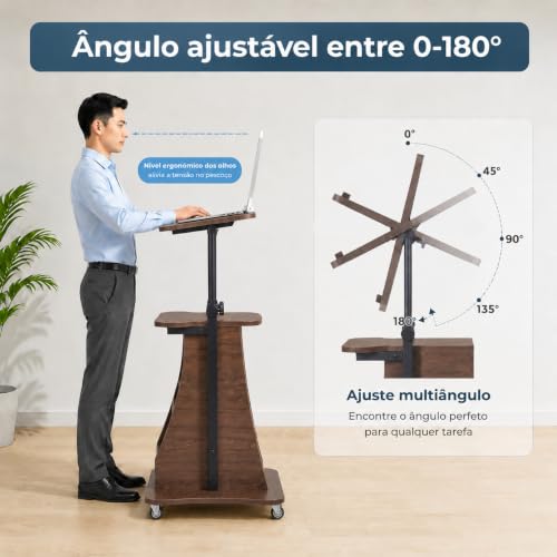 Image of POWERSTONE 2PCS Sit to Stand Mobile Lectern Teacher Podium Stand Brown | Rolling Laptop Desk Cart with Storage Shelves, Casters, Swivel Top, Height Adjustable, for Classroom, Concert, Church