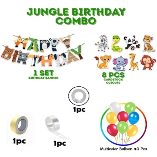 Image of MOOKE Jungle Safari Birthday Decoration Kids,Animal Birthday Party Decoration Paper Bunting Banner with Balloons,Foil Balloons, Cardstock Cutout,Glue & Arch Kit (Pack of 45)