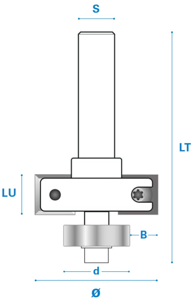 Frez falcowy z łożyskiem kulkowym i nożem dwustronnym z twardego metalu, bieg prawostronny, ostrze 2, długość robocza 12 mm, długość całkowita 53,5 mm, trzpień 8 mm