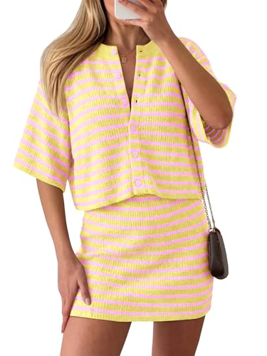 Saodimallsu Womens Two Piece Skirt Set Summer Striped Knit Short Sleeve Button Cardigans And Mini Skirt Lounge Set