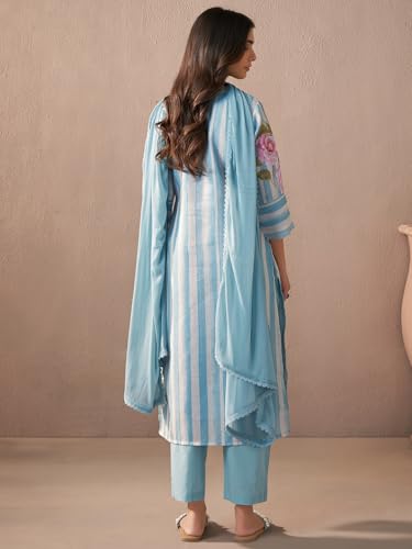Image of INDO ERA Women's Straight Linen Floral Print with Beads Work Kurta Pant with Dupatta Set (IEOUT9824)