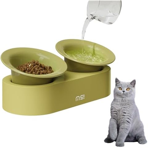 MS!MAKE SURE Dog Cat Bowls, Elevated Ceramic Cat Food and Water Bowl Set, 15° Tilted Cat Dishes with Stand, Non-Slip & Whisker Friendly - Green Cover