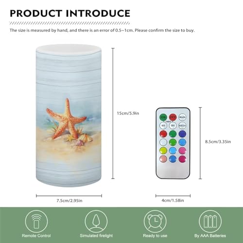 Image of Flameless Candle Flame Effect Realistic LED Lights, Battery Operated Flameless Table Lamp with Timer Remote 12 Colors Changing Ideal Gifts for Women, Starfish Seashell Blue Wood Grain